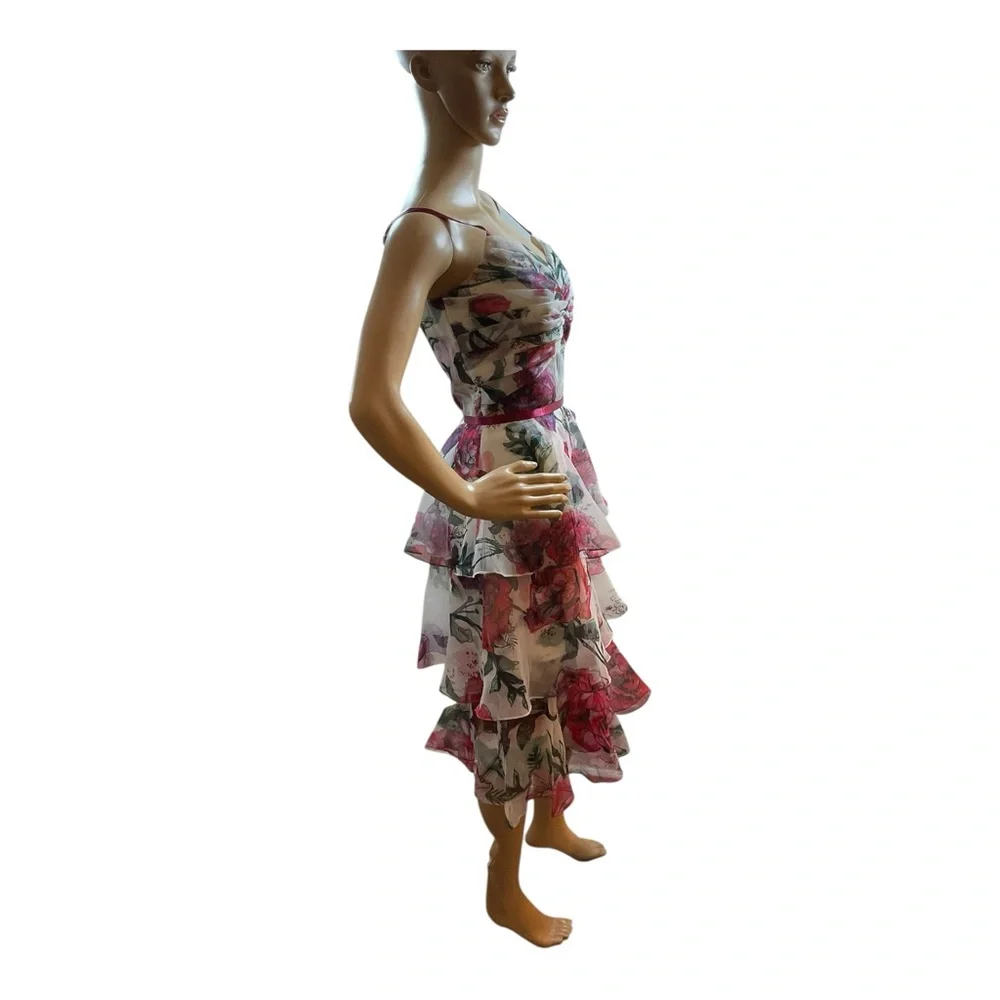 Marchesa Notte WomenFloral Tiered WhitePink Ruffle Fit & Flare Midi Dress Size 6 - Picture 4 of 16